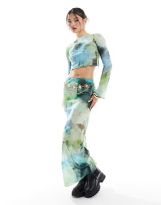 ASOS DESIGN - Ensemble en tulle avec top à dos ouvert et manches évasées et jupe longue - Imprimé fleuri flou | ASOS