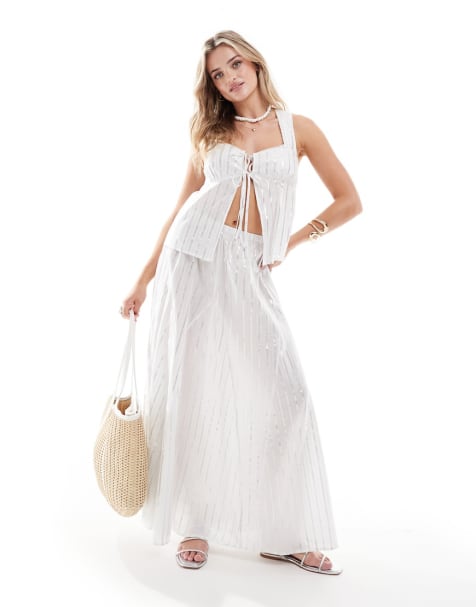 ASOS DESIGN - Ensemble jupe longue et caraco croisé dans le dos - Blanc à rayures métallisées - view 1