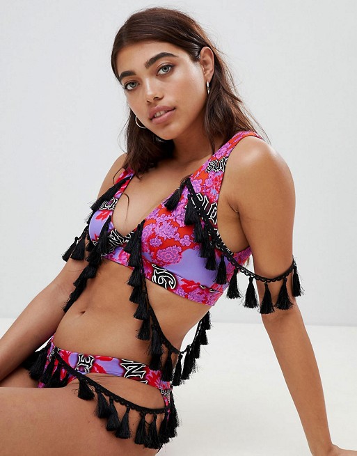 ASOS DESIGN Fierce Print Tassel Trim Crop Bikini