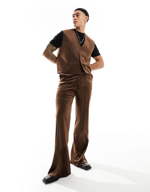 ASOS DESIGN leather look flare pants set in brown