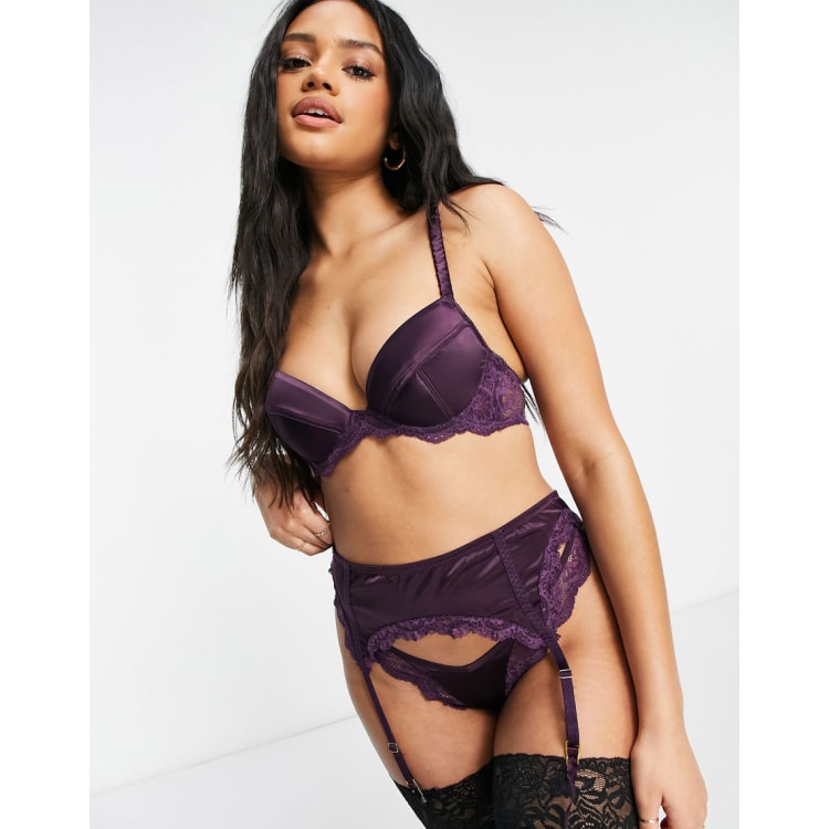 ASOS DESIGN Fliss satin & lace bra, thong & suspender set