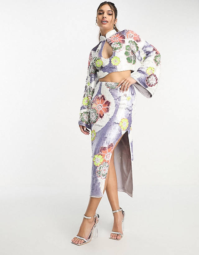 ASOS DESIGN - floral embellished keyhole detail long sleeve top & midi skirt co-or