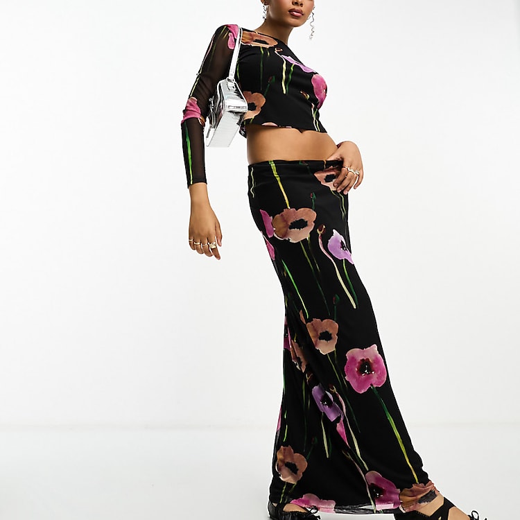 ASOS DESIGN floral mesh bandeau top and maxi skirt co ord in ASOS DESIGN floral mesh bandeau top and maxi skirt co ord in