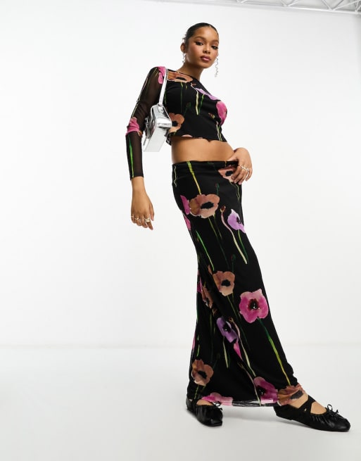 ASOS DESIGN floral mesh bandeau top and maxi skirt co ord in poppy floral ASOS