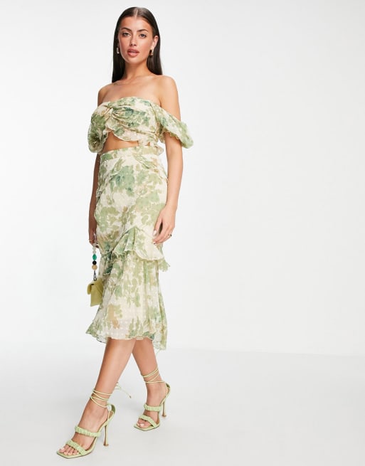 ASOS DESIGN floral off shoulder top with puff sleeve and midi skirt co ord with 