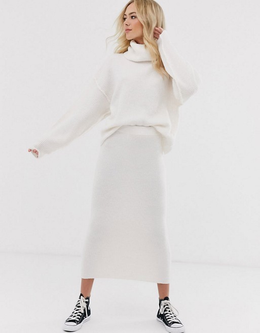 ASOS DESIGN fluffy jumper with cowl neck & midi skirt in recycled blend