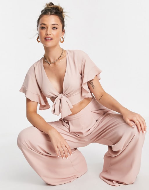 Asos Design Flutter Sleeve Crop Top And Wide Leg Pant Set In Blush Asos