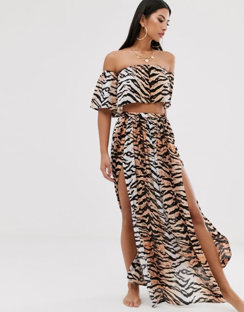 ASOS DESIGN frill beach co-ord in natural tiger print