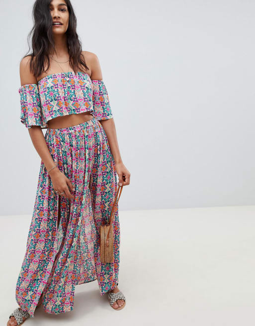 ASOS DESIGN frill beach co-ord top & skirt in mosaic tile | ASOS