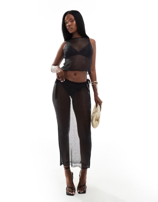 ASOS DESIGN – Gestricktes Set aus Tanktop und wadenlangem Rock in Metallic-Schwarz