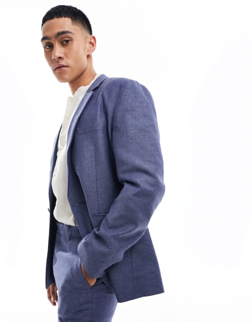 ASOS DESIGN – Granatowy lniany garnitur w jodełkę o obcisłym kroju