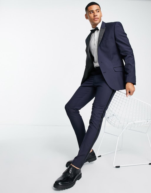 ASOS DESIGN – Granatowy obcisły smoking z satynowymi lampasami