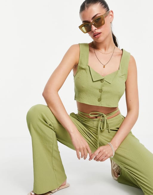 ASOS DESIGN green crinkle crop top and flare set