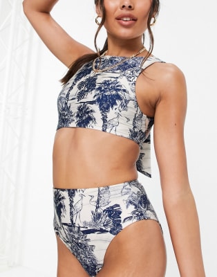 grafisch Geometrie Verlaten ASOS DESIGN - Hooggesloten bikini met strik achter in vintage schetsprint |  ASOS