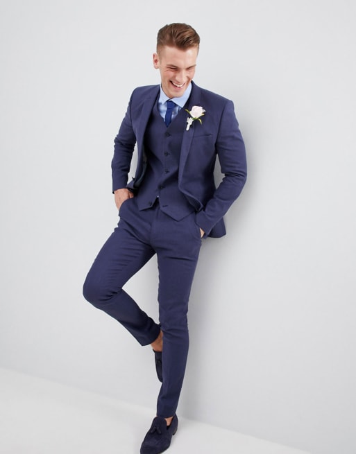 ASOS DESIGN – Indigoblå linnekostym i skinny för bröllopet
