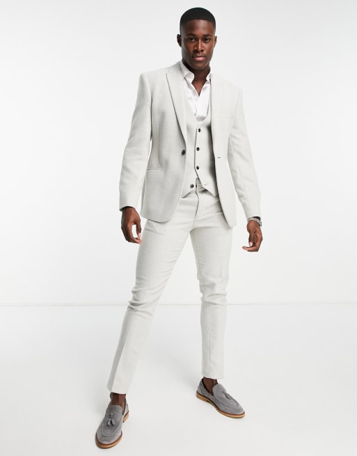 ASOS DESIGN – Jasnoszary garnitur o obcisłym kroju z mieszanki wełny i diagonalu