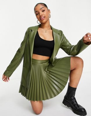 ASOS DESIGN jersey leather look pleated mini suit skirt in olive