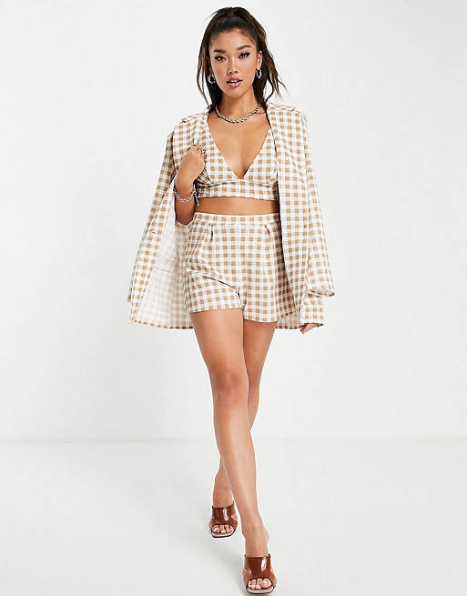 ASOS DESIGN jersey suit in textured natural check