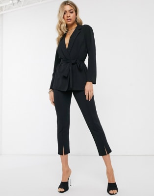 ASOS DESIGN jersey tie waist suit in black | ASOS