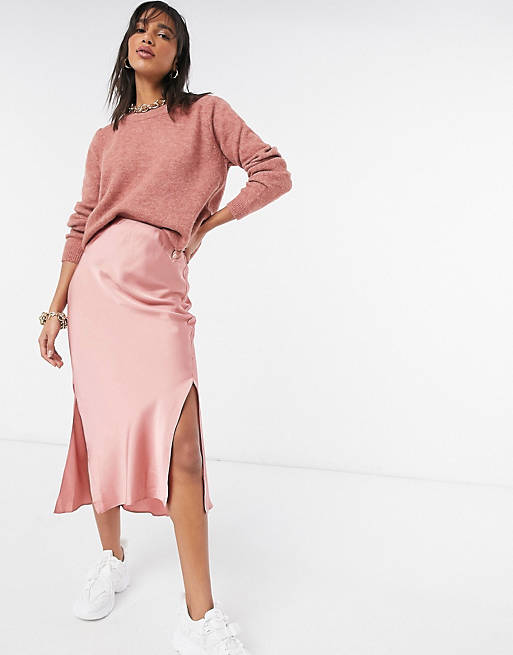 ASOS DESIGN jumper and satin skirt co-ord in pink | ASOS