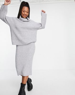 ASOS DESIGN co-ord knitted midi skirt in rib in grey