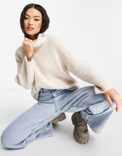 Asos Design Jumper In Rib With High Neck In Oatmeal Beige Asos