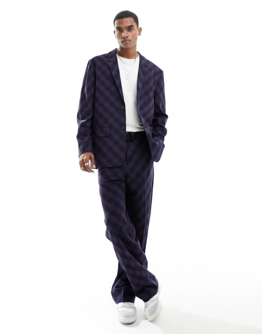 ASOS DESIGN – Karierter, lockerer Anzug in Marineblau mit Bias-Cut