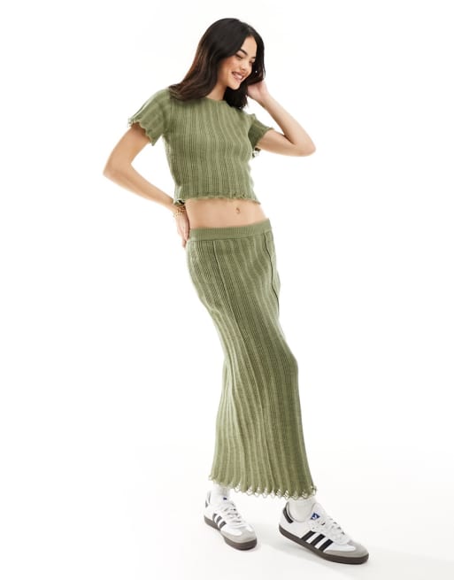 ASOS DESIGN knit baby t-shirt & maxi skirt set in rib in khaki