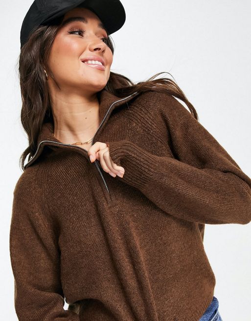 ASOS DESIGN knit leggings & fluffy sweater with zip collar set in brown