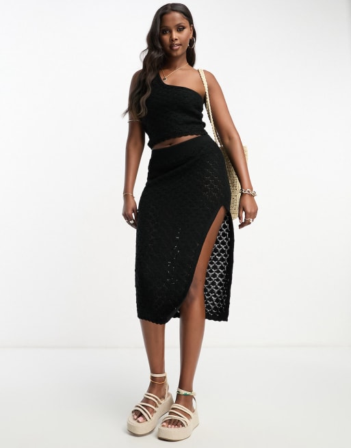 ASOS DESIGN knit one-shoulder top and skirt set in wave stitch in