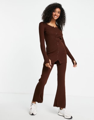 ASOS DESIGN knit rib button through mini dress and rib flare pants set