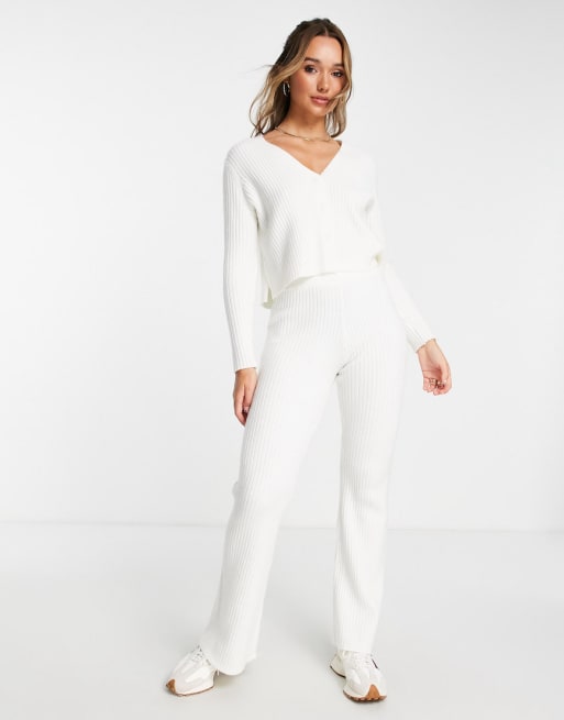 ASOS DESIGN knit sweater and wide leg pants set in cream