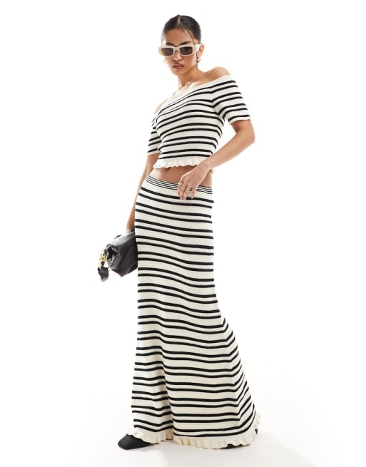 ASOS DESIGN knit stripe off the shoulder top & maxi skirt in textured stripe