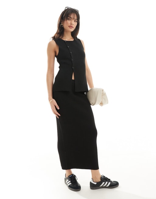 FhyzicsShops DESIGN knitted asymmetric button front waistcoat with split & midaxi skirt 