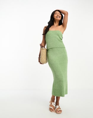 ASOS DESIGN knitted bandeau top & midi skirt in textured yarn in khaki | ASOS