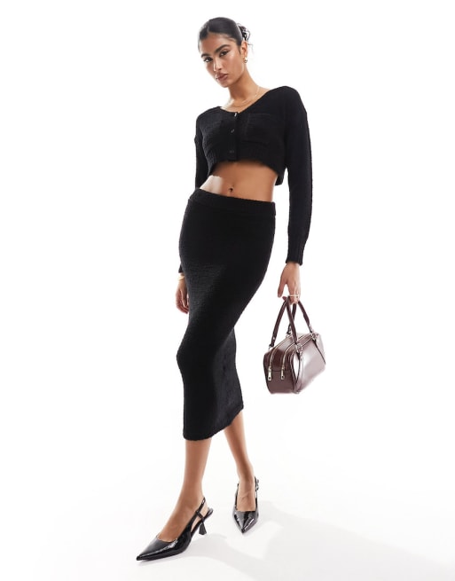 ASOS DESIGN knitted cardigan & midi skirt set in teddy yarn in black