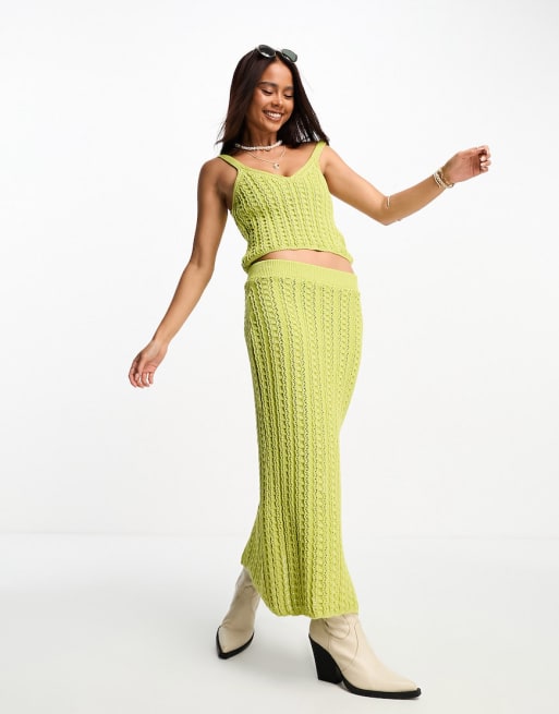 ASOS DESIGN knitted co-ord crochet crop bralet and skirt set in green