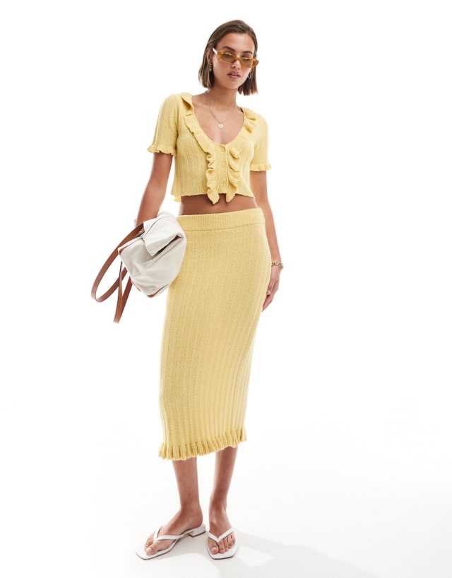 ASOS DESIGN - knitted frill top & midaxi skirt with frill co-ord in yellow