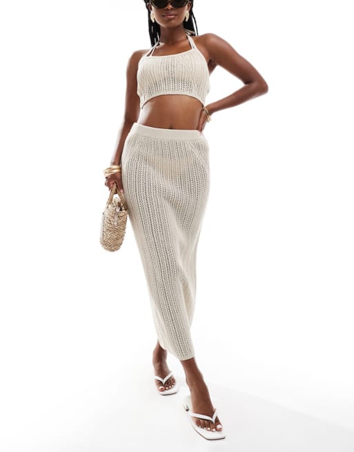 FhyzicsShops DESIGN knitted halter crop top & midaxi skirt in stitch co-ord in cream