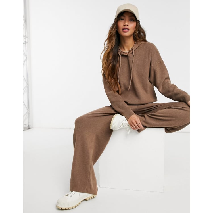 ASOS DESIGN knit leggings & fluffy sweater with zip collar set in brown