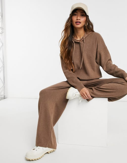 ASOS DESIGN knitted hoodie and wide leg pant set in brown | ASOS