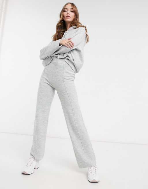 ASOS DESIGN knitted hoody and wide leg trouser co-ord in grey marl