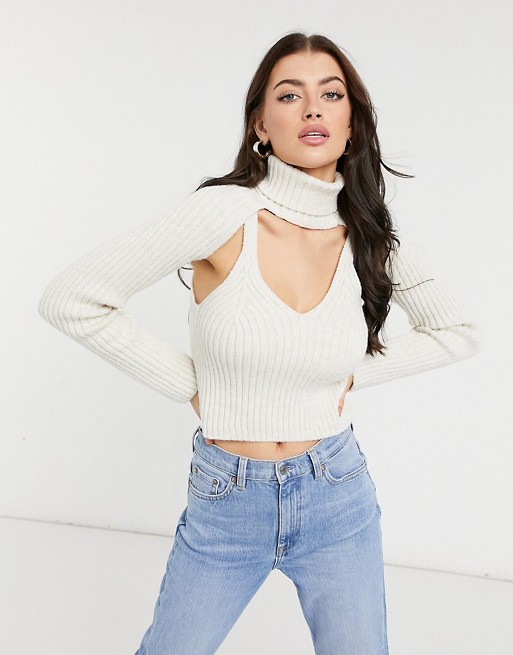 ASOS DESIGN co-ord knitted shrug top with roll neck in cream