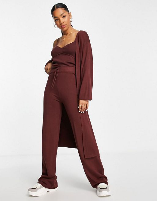 ASOS DESIGN knit leggings & fluffy sweater with zip collar set in brown
