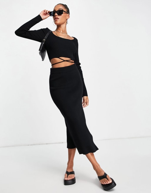 ASOS DESIGN knitted skirt set with front split detail in black