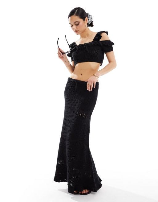 ASOS DESIGN knitted stitch cami top & midi skirt set with tie detail in black