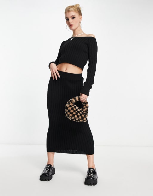 ASOS DESIGN knitted sweater and skirt set in black