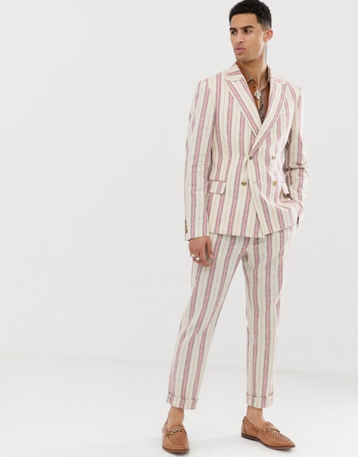 ASOS DESIGN - Kremowy dopasowany lniany garnitur w paski
