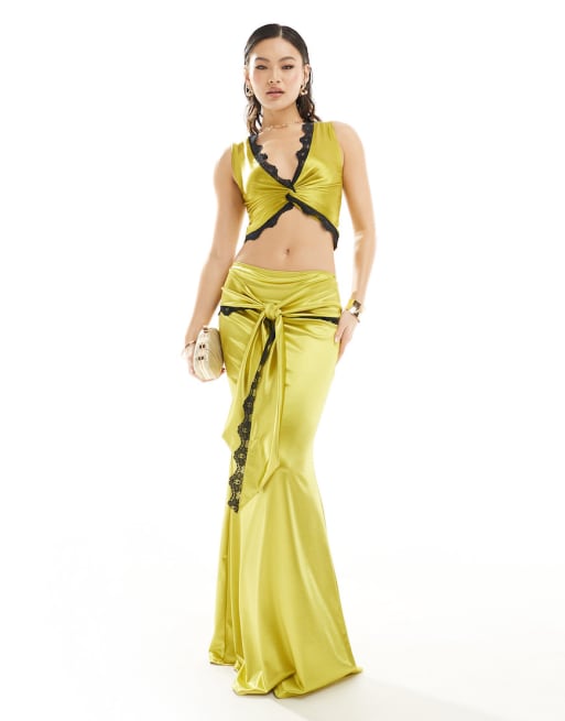 ASOS DESIGN lace and satin mix plunge twist front top & maxi skirt set in olive
