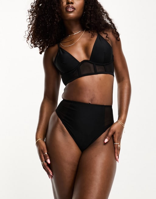 ASOS DESIGN – Lang geschnittener Netzstoff-Bikini in Schwarz mit durchgehendem Bügel